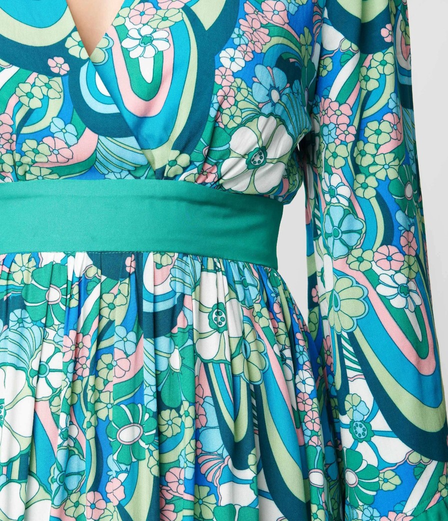 * Unique Vintage Teal & Blue Psychedelic Floral Print Maxi Dress Midi & Maxi