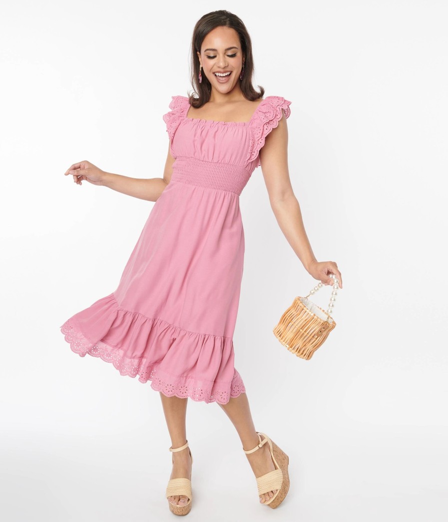 * Jade By Jane (Faire) Dusty Rose Eyelet Ruffle Trim Midi Dress Midi & Maxi