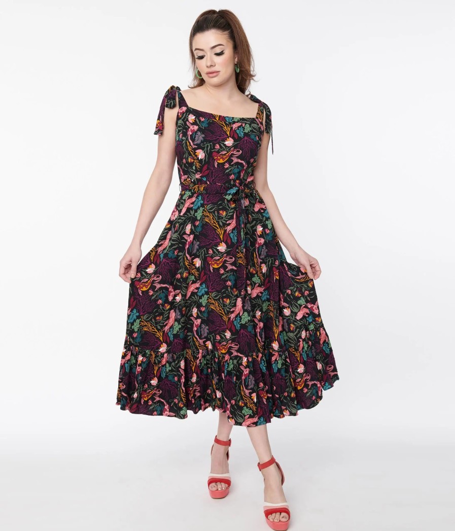 * Collectif Black Tropical Reef Katrina Swing Dress Midi & Maxi