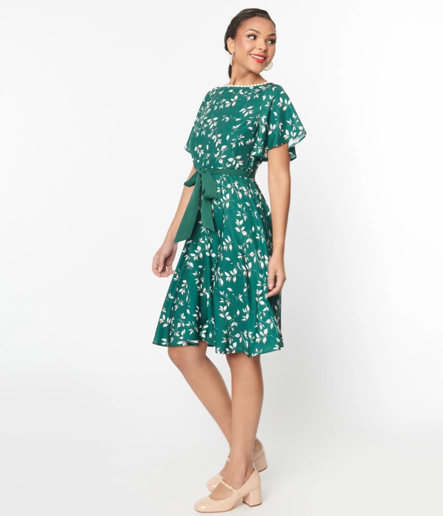 * Unique Vintage Emerald Leaf Swing Dress Swing