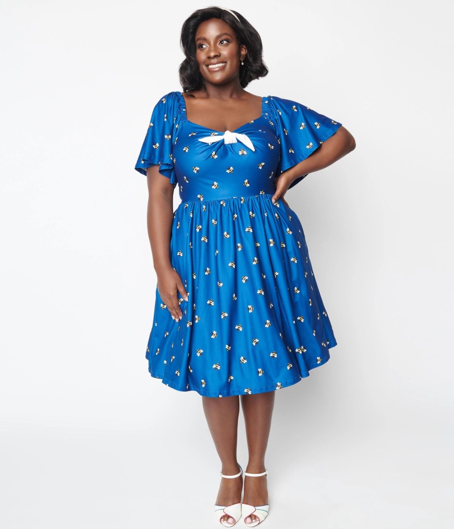 * Unique Vintage Curve Blue Bee Print Swing Dress Swing