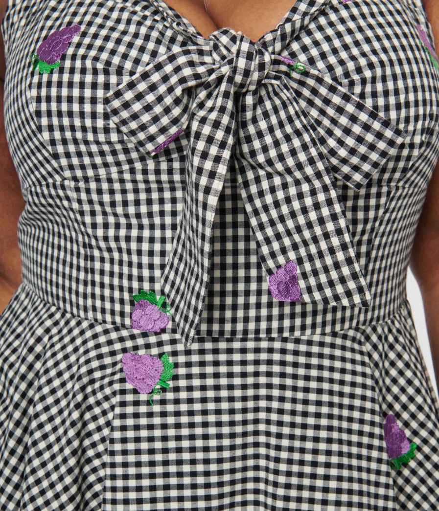 * Sheen Clothing Ltd Black & White Gingham Grape Embroidered Halter Swing Dress Swing