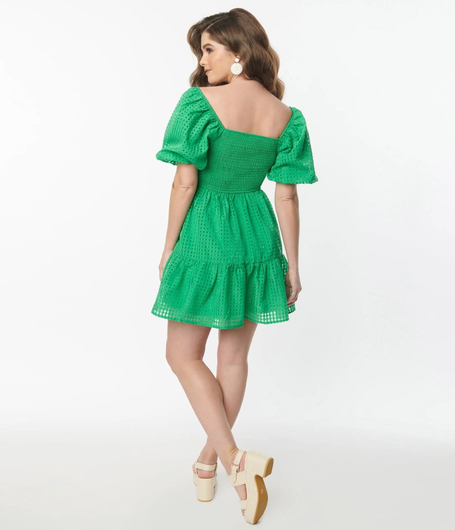 * Flying Tomato Kelly Green Puff Sleeve Flare Dress Everyday