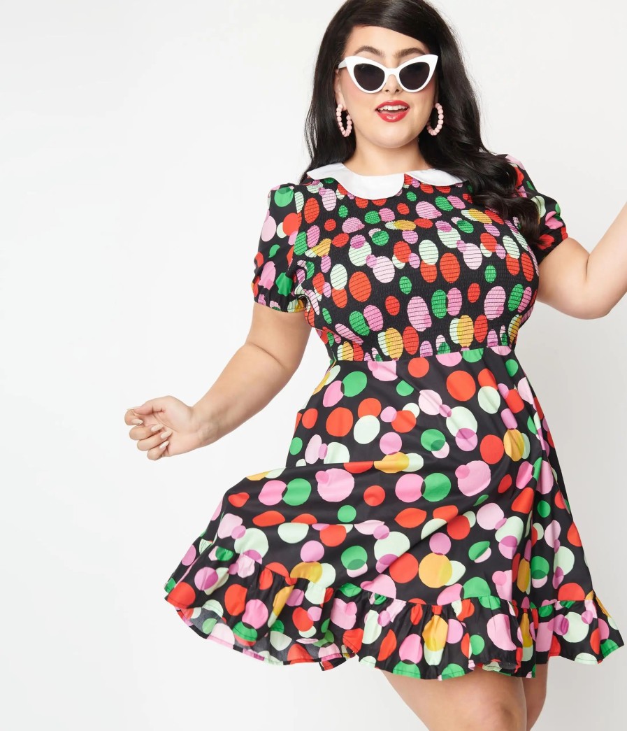 * Smak Parlour Plus Size Black & Rainbow Dot Smocked Fit & Flare Dress Fit & Flare