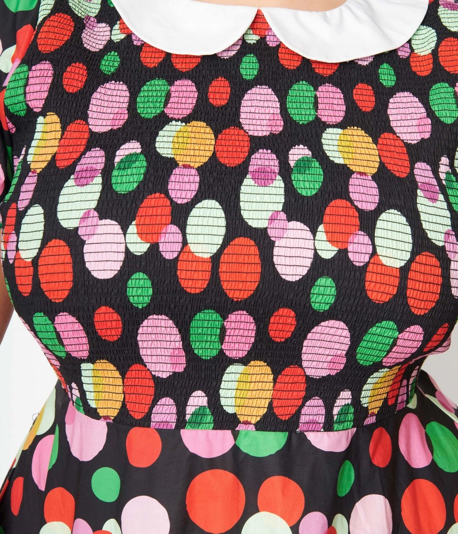 * Smak Parlour Plus Size Black & Rainbow Dot Smocked Fit & Flare Dress Fit & Flare