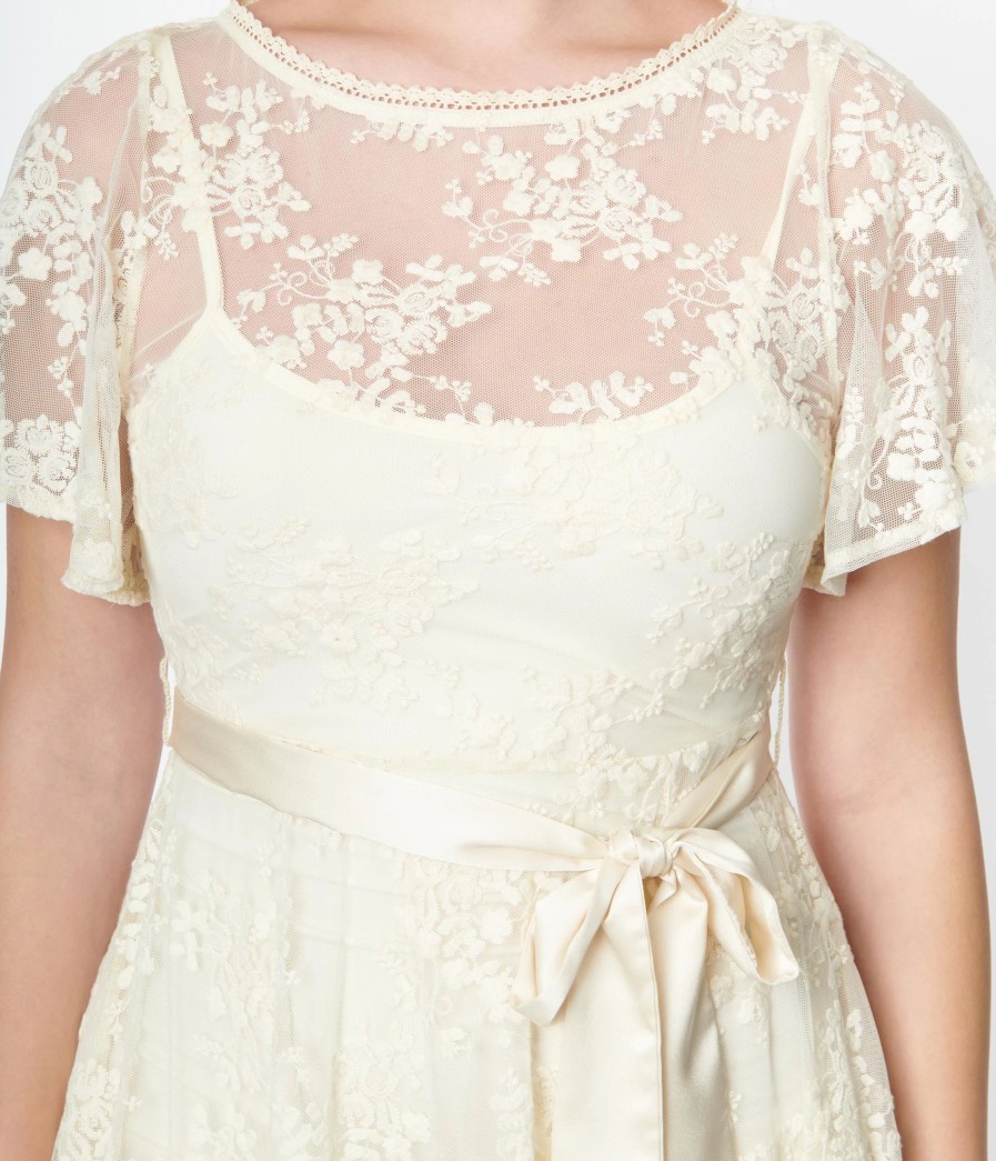 * Unique Vintage Ivory Floral Lace Bridal Swing Dress Swing