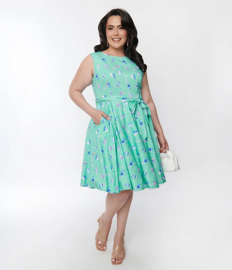 * Miss Lulo, Inc. Plus Size Teal Jellyfish & Stingray Ruby Flare Dress Swing