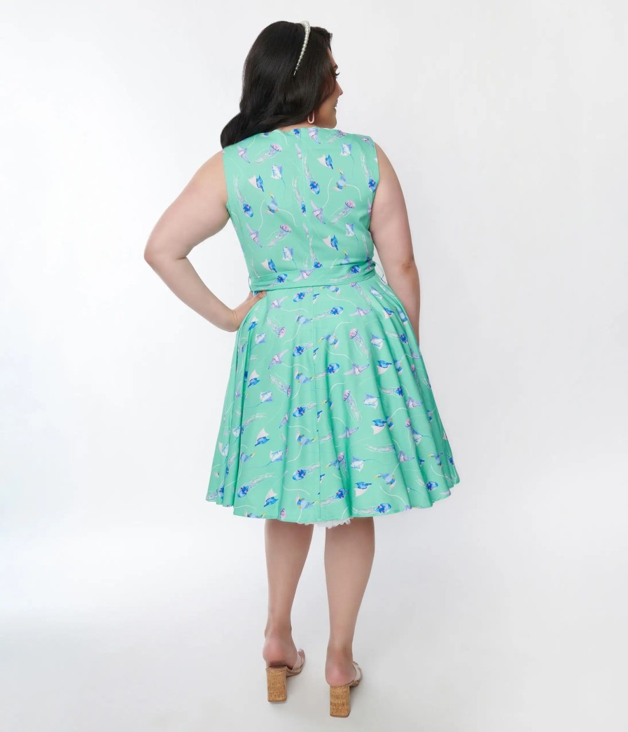 * Miss Lulo, Inc. Plus Size Teal Jellyfish & Stingray Ruby Flare Dress Swing