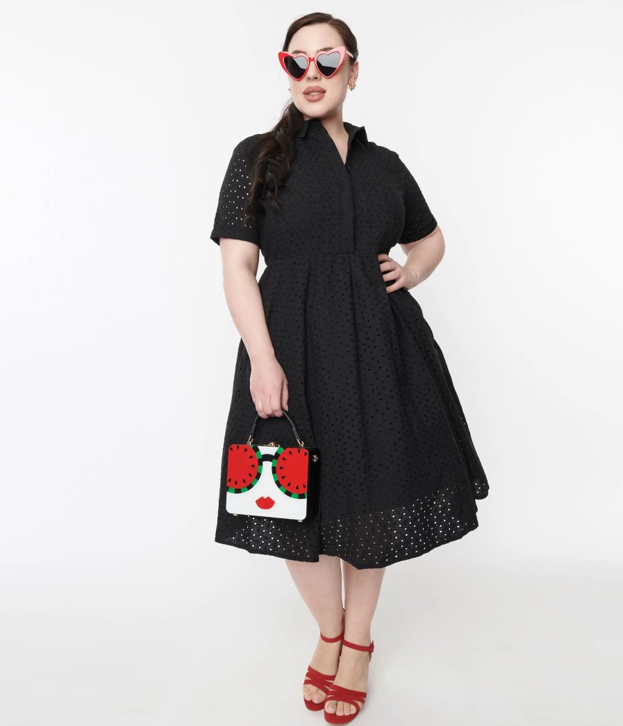 * Sheen Clothing Ltd 1950S Black Eyelet Collared Swing Dress Swing