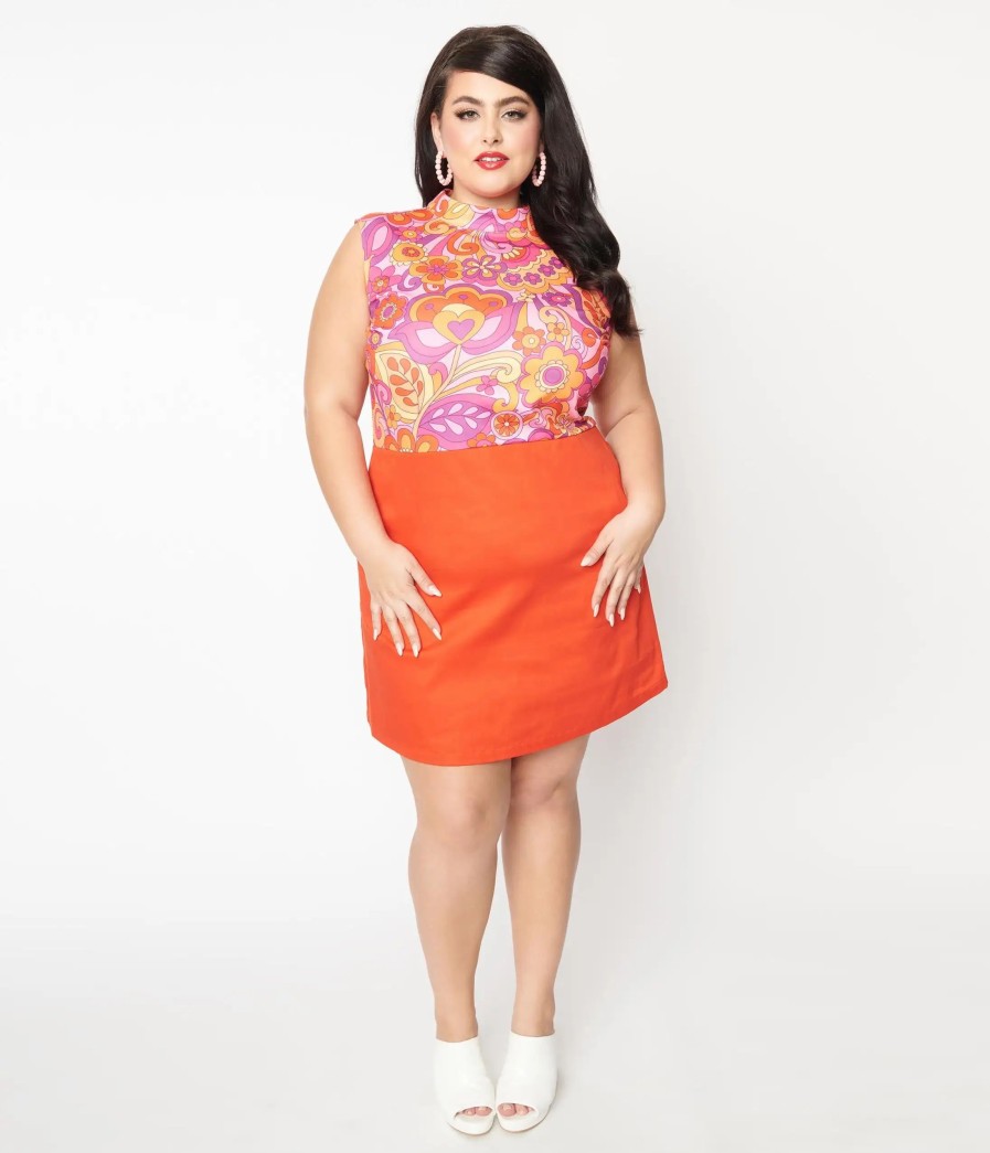 * Smak Parlour Plus Size Orange & Pink Retro Floral Mini Dress Everyday