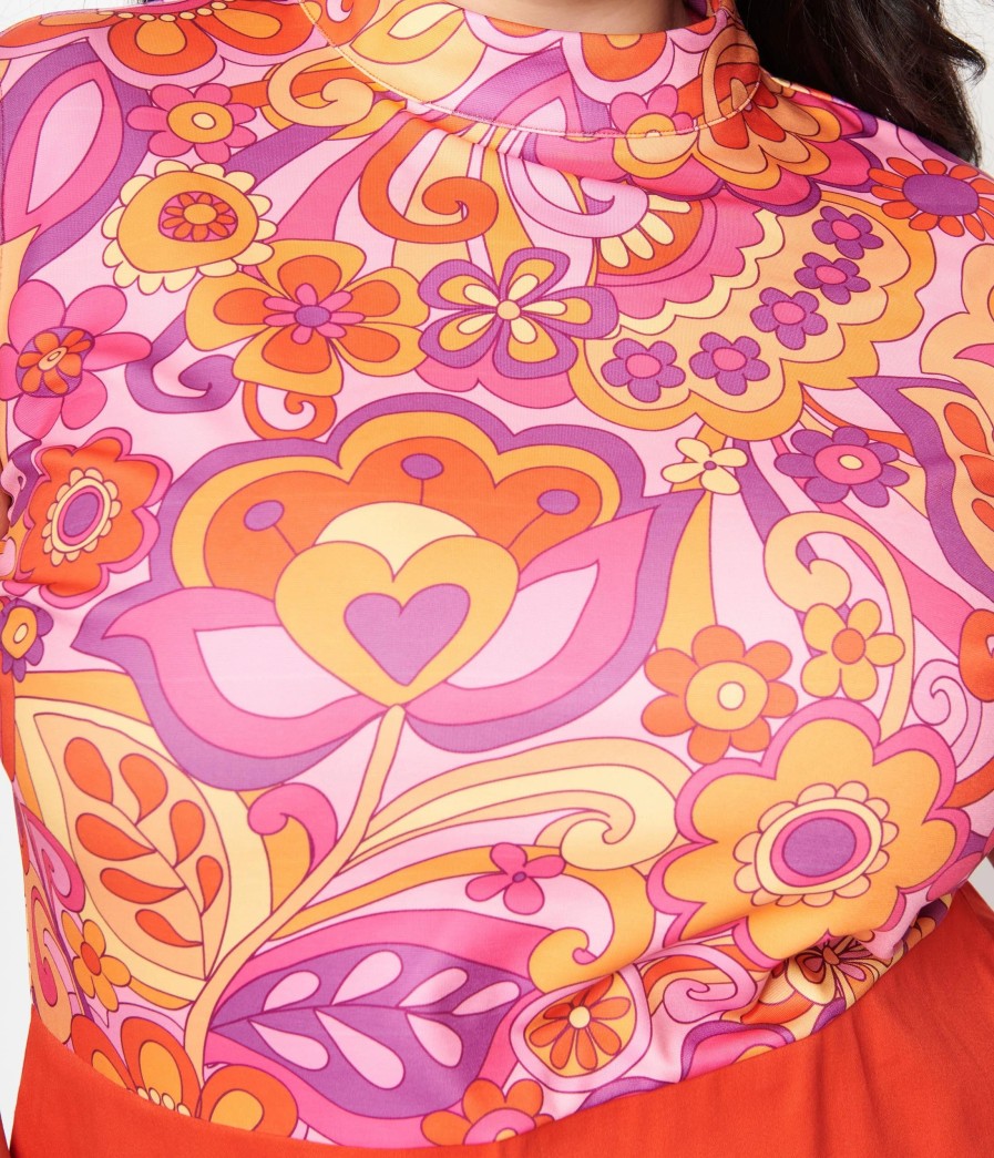 * Smak Parlour Plus Size Orange & Pink Retro Floral Mini Dress Everyday