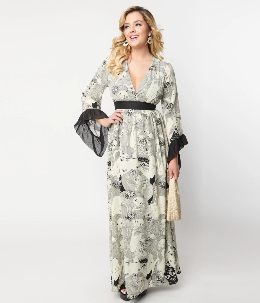 * Unique Vintage Psychedelic Goddess Print Maxi Dress Midi & Maxi