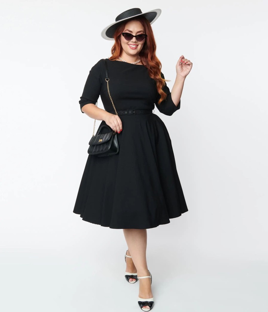 * Unique Vintage Plus Size 1950S Black Devon Swing Dress Swing