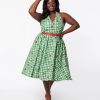 * Unique Vintage 1950S Green Gingham Ladybug Halter Swing Dress Swing