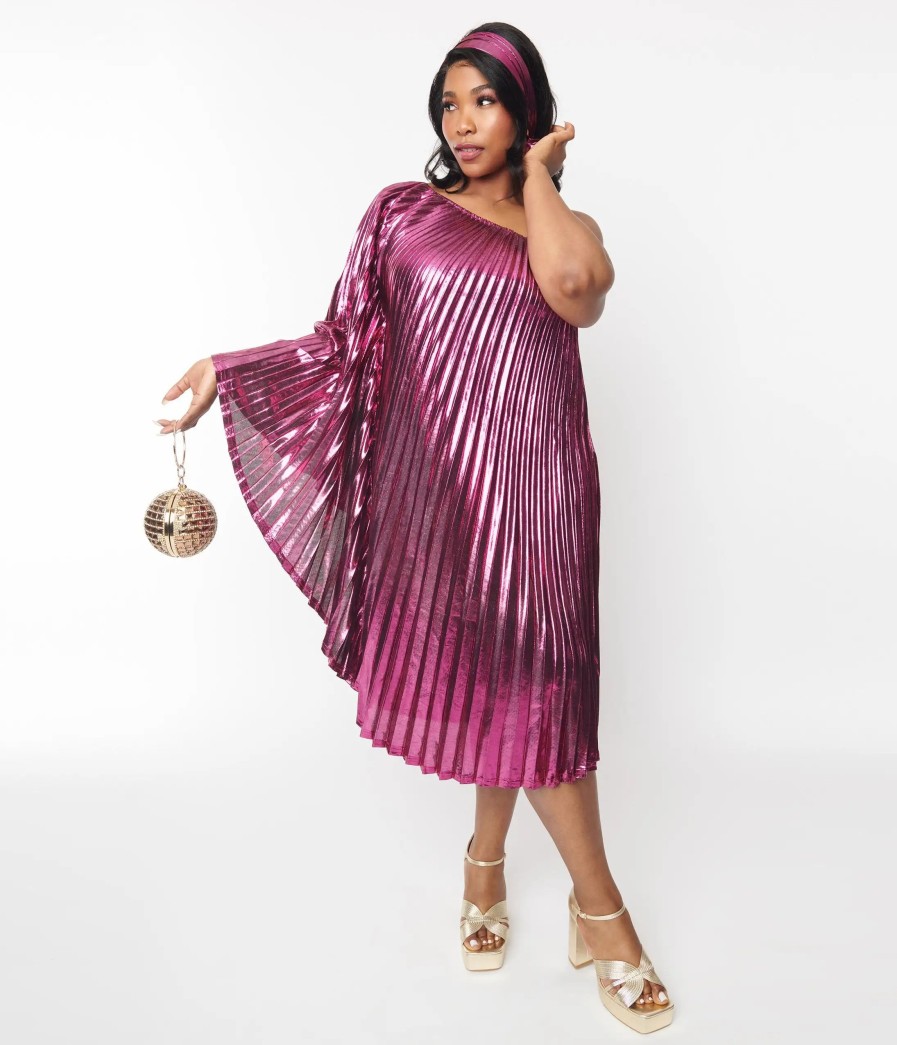 * Audrey K Metallic Magenta Pleated Caftan Midi & Maxi