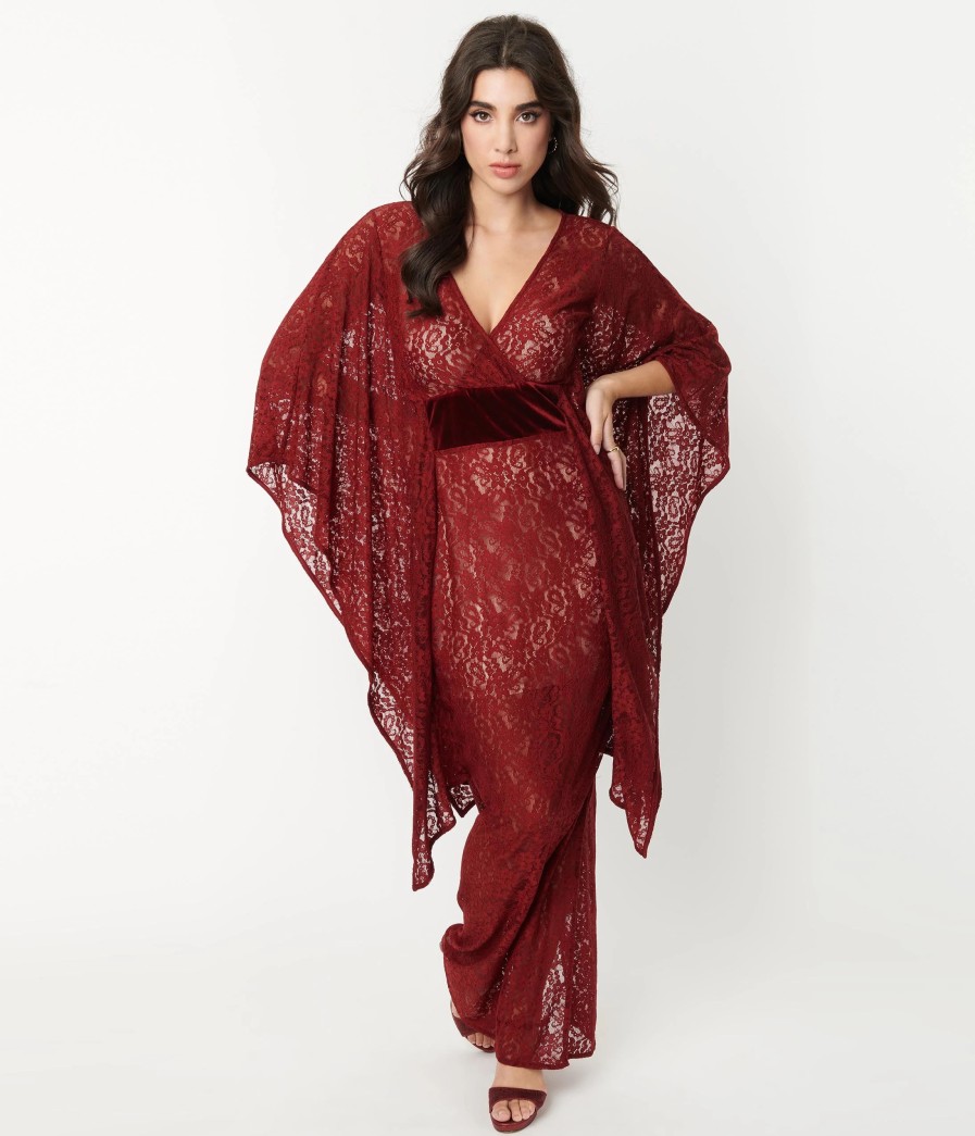 * Unique Vintage Burgundy Floral Lace Desmond Caftan Dress Midi & Maxi