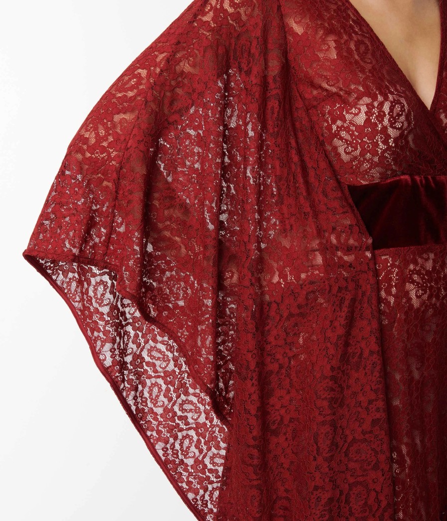 * Unique Vintage Burgundy Floral Lace Desmond Caftan Dress Midi & Maxi