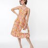 * Miss Lulo, Inc. Beige & Orange Floral Fit & Flare Dress Fit & Flare