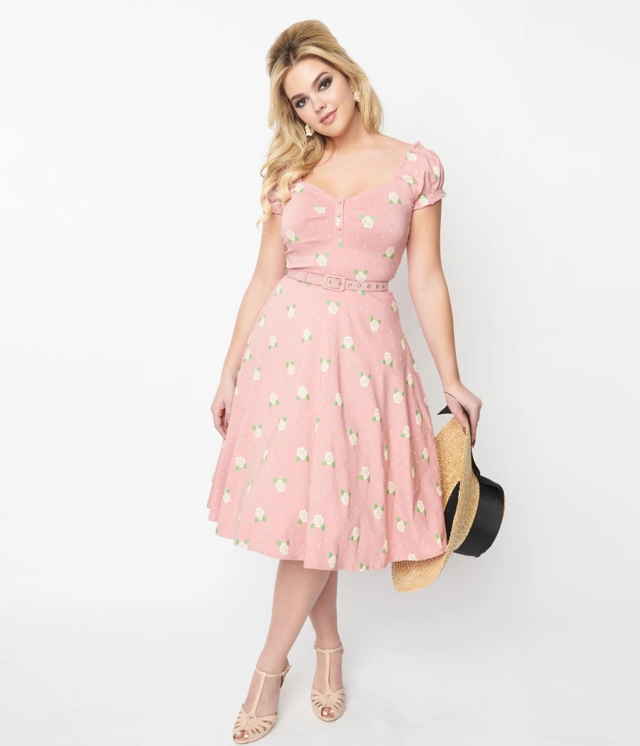 * Unique Vintage Pink & Cream Rose Print Ohara Swing Dress Everyday