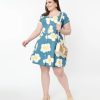 * Unique Vintage Plus Size Blue Denim & Egg Flower Print Fit & Flare Dress Everyday