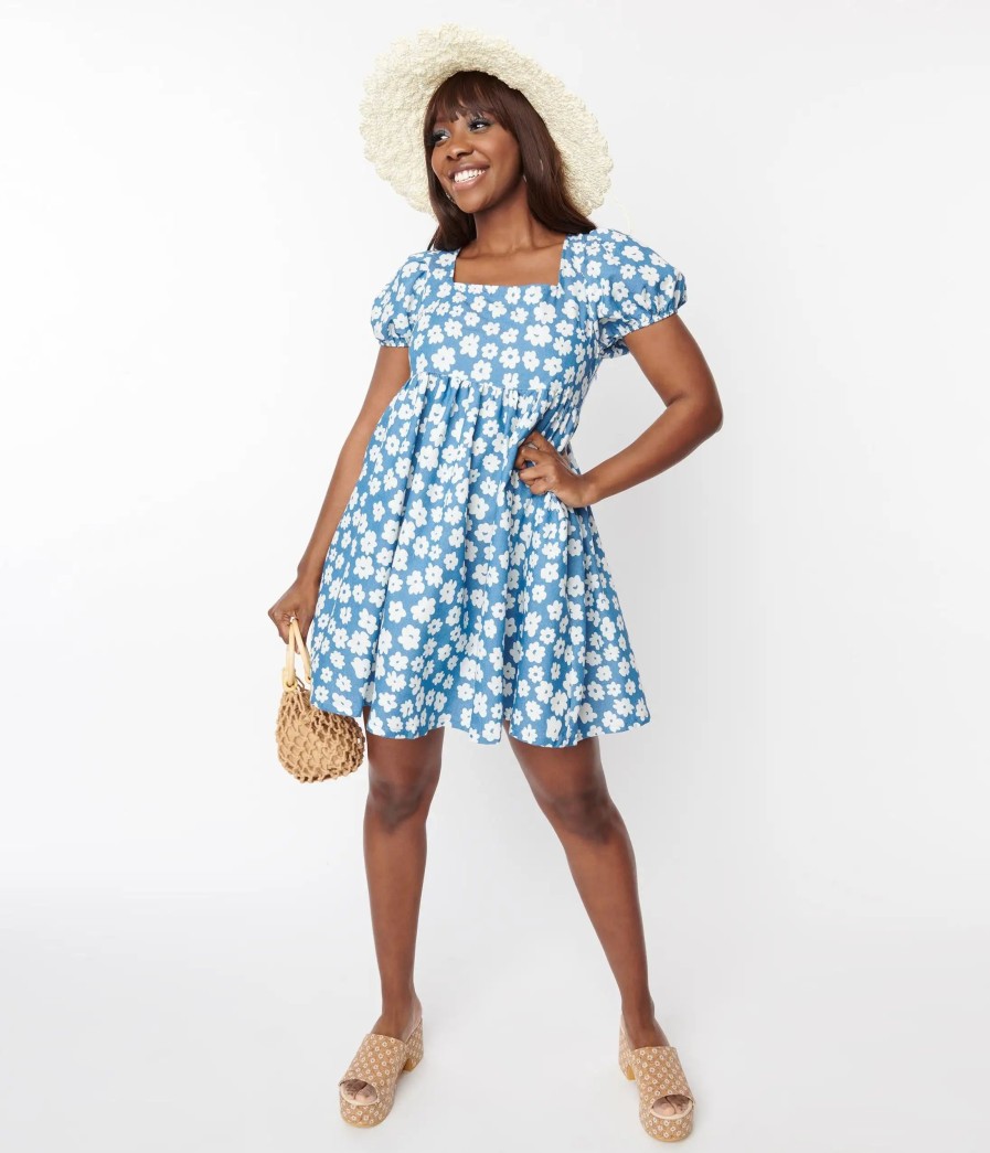 * Polagram (Well Made) Blue & White Daisy Babydoll Dress Everyday