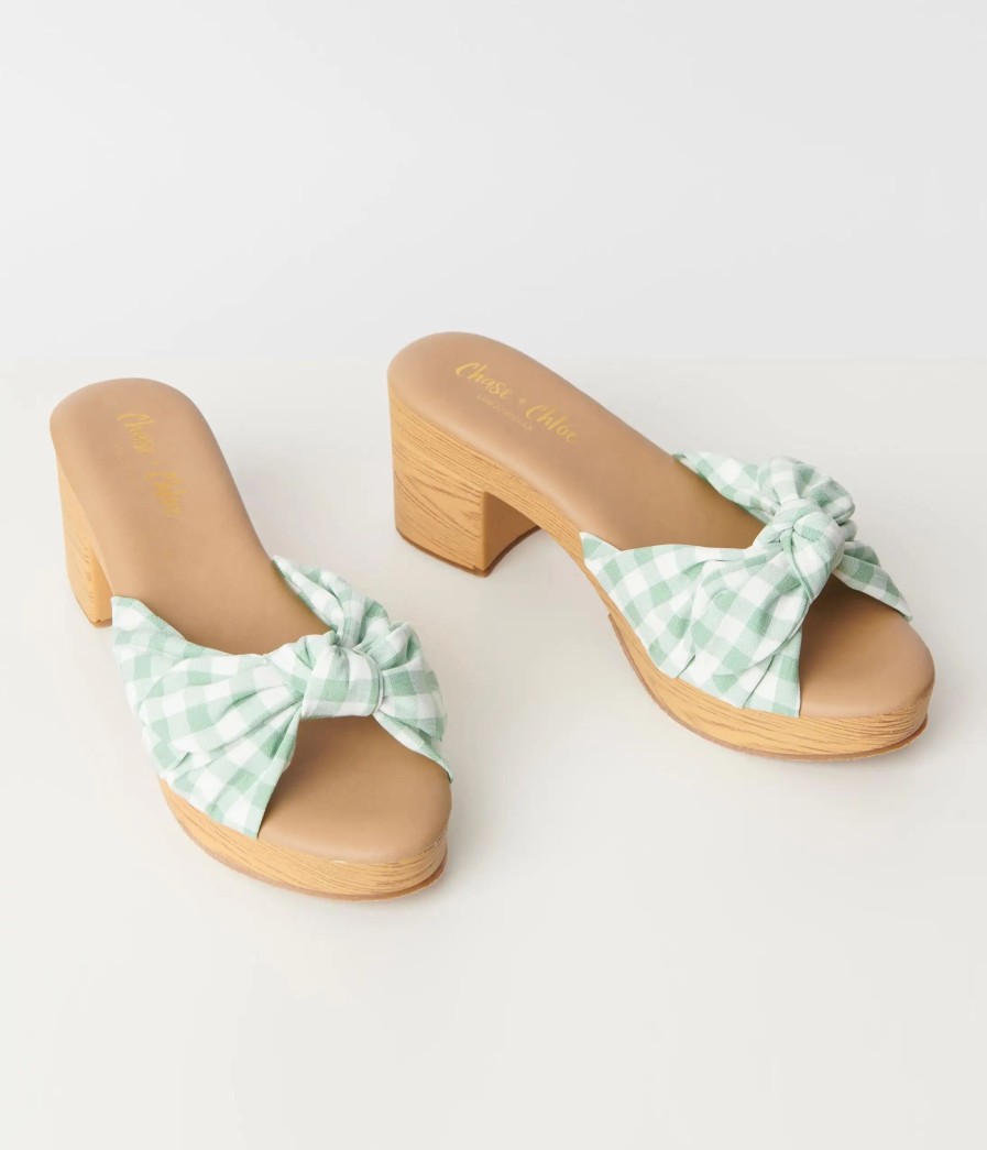 * Joia Mint Green Gingham Print Bow Wood Mule Swim Accessories