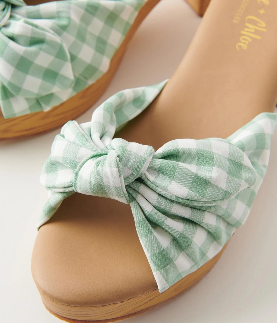 * Joia Mint Green Gingham Print Bow Wood Mule Swim Accessories