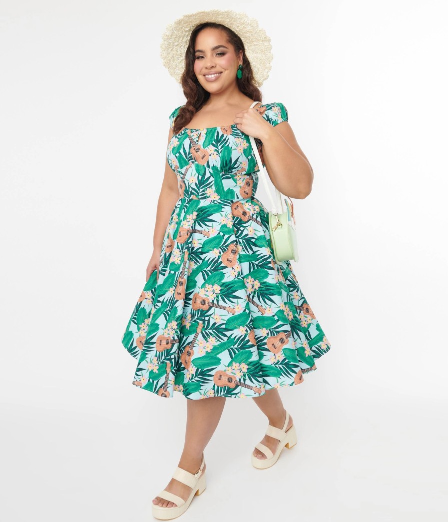 * Pop Soda Hell Bunny Light Blue & Green Tropical Ukulele Swing Dress Everyday