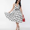 * Unique Vintage 1950S White & Black Dot Halter Swing Dress Swing