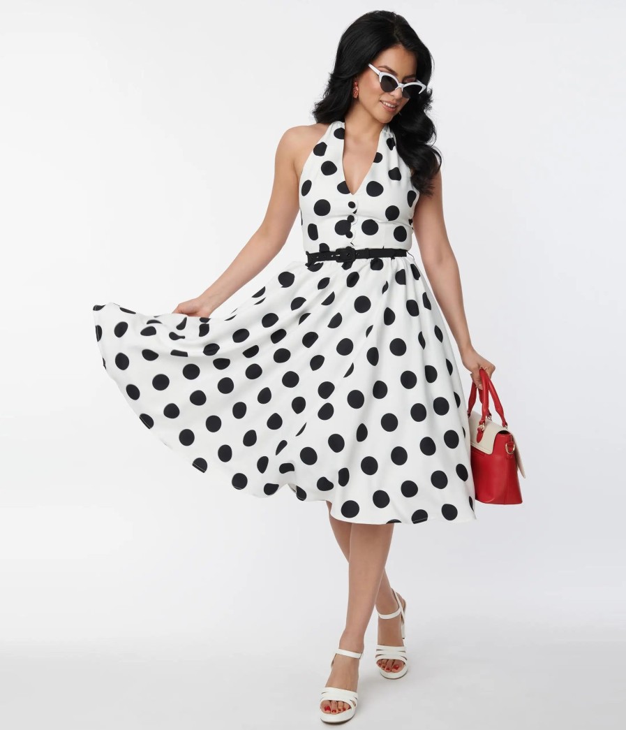 * Unique Vintage 1950S White & Black Dot Halter Swing Dress Swing