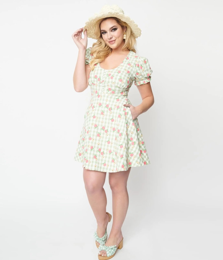 * Unique Vintage 1940S Light Green Gingham & Peaches Flare Dress Fit & Flare