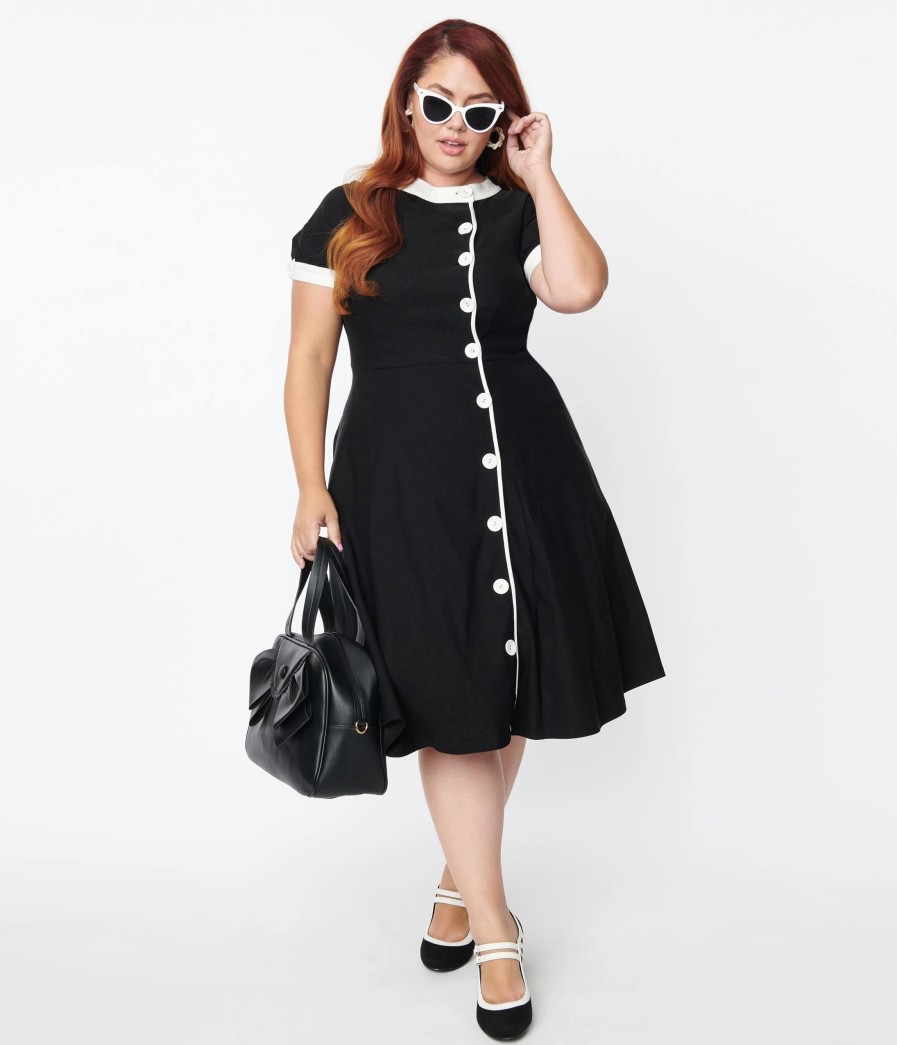 * Unique Vintage Plus Size Black & White Contrast Button Swing Dress Swing