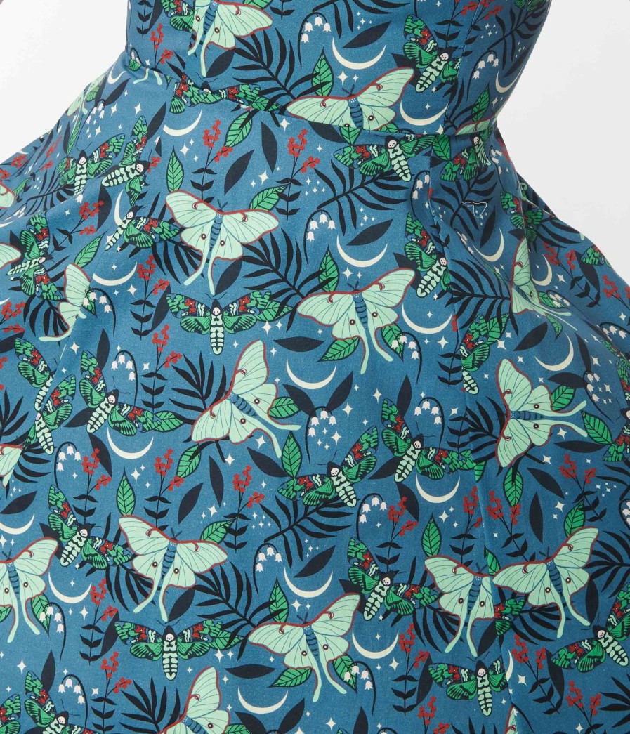 * Eva Rose (Ixia, Elliko Inc.) Blue & Green Moth Print Fit & Flare Dress Fit & Flare