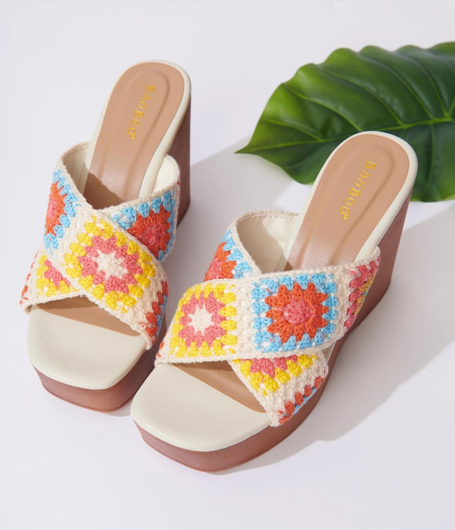 * Jp Original Corp. Ivory Multicolor Crochet Platform Wedges Swim Accessories