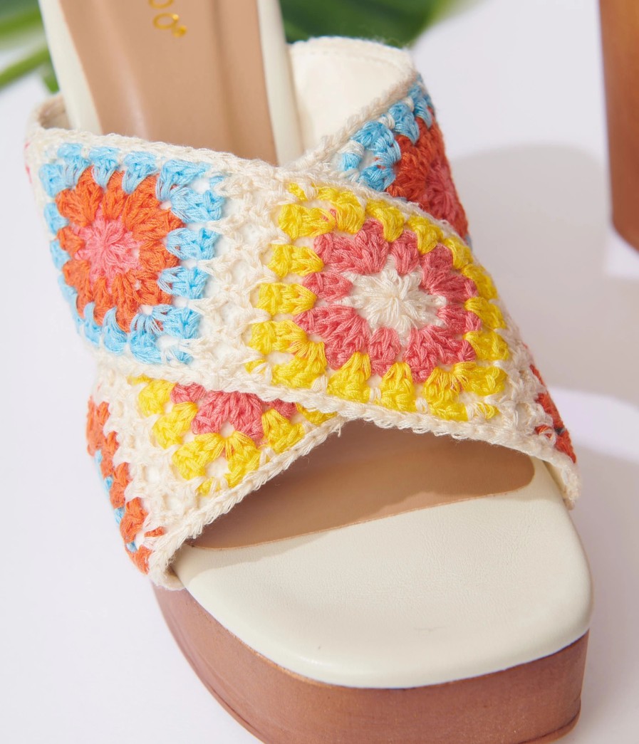 * Jp Original Corp. Ivory Multicolor Crochet Platform Wedges Swim Accessories