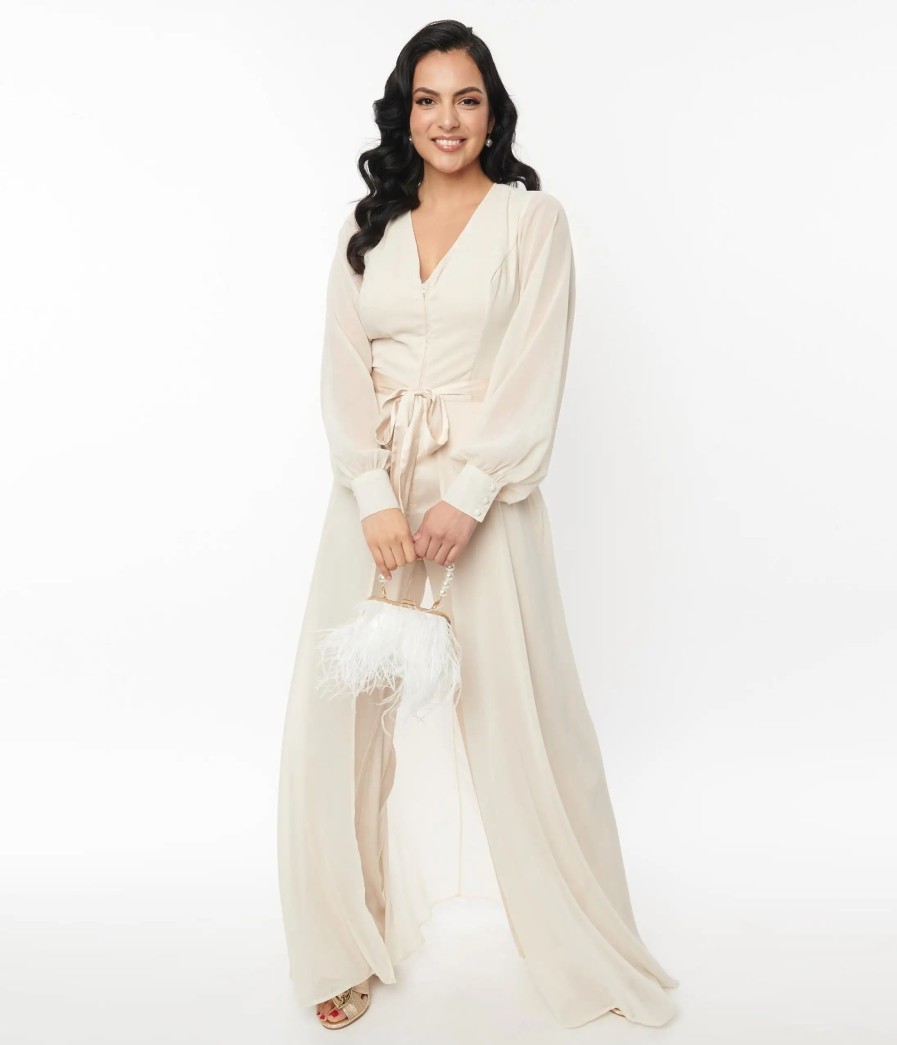 * Unique Vintage Ivory Jumpsuit & Skirt Overlay Midi & Maxi