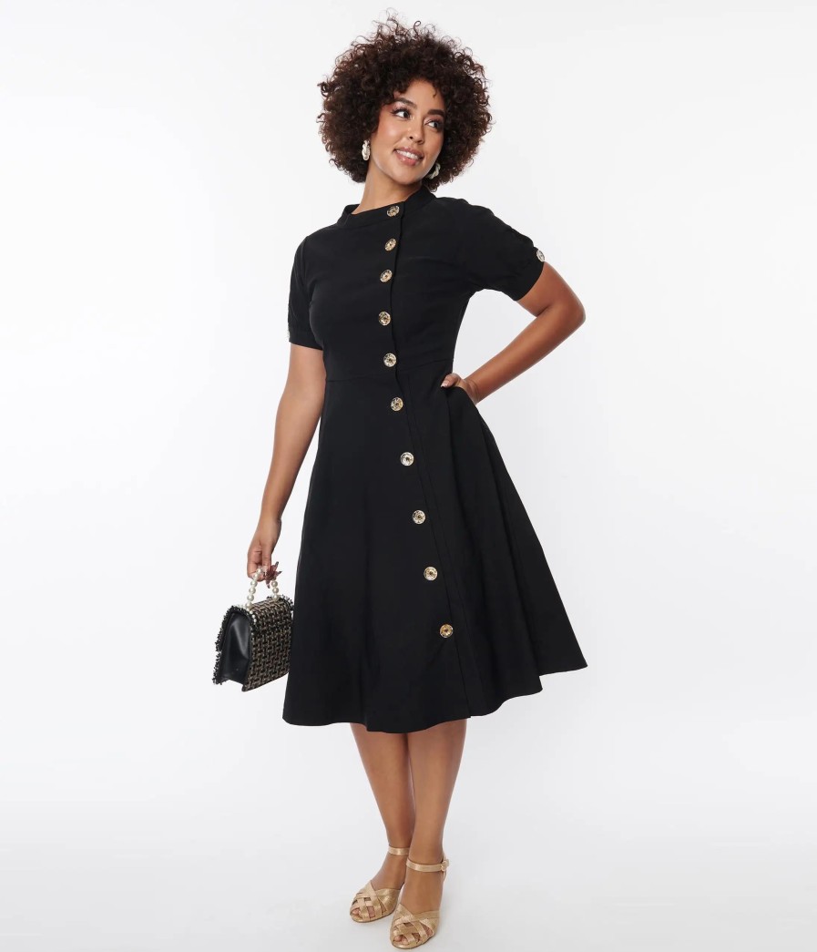 * Unique Vintage Black Button Swing Dress Swing