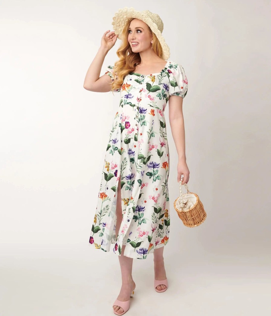 * Unique Vintage White & Multicolor Floral Midi Dress Midi & Maxi