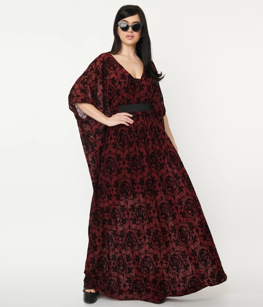 * Unique Vintage Burgundy La Catrina Burnout Burton Caftan Dress Midi & Maxi