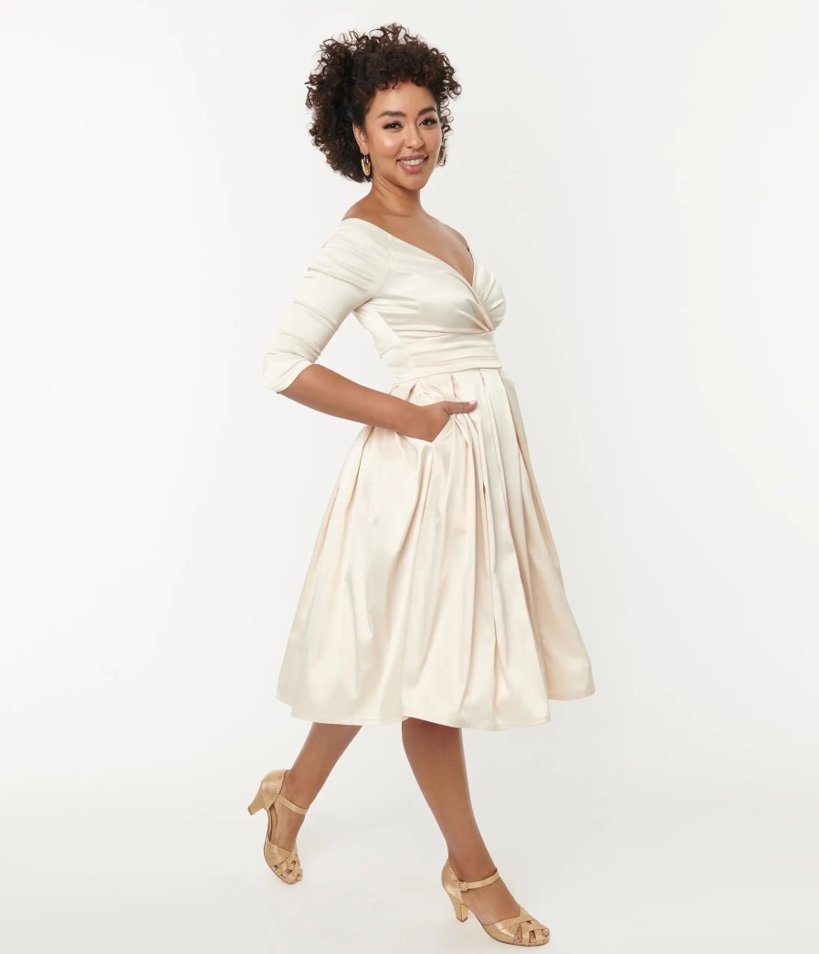 * Unique Vintage Creamy Ivory Satin Marceline Swing Dress Swing