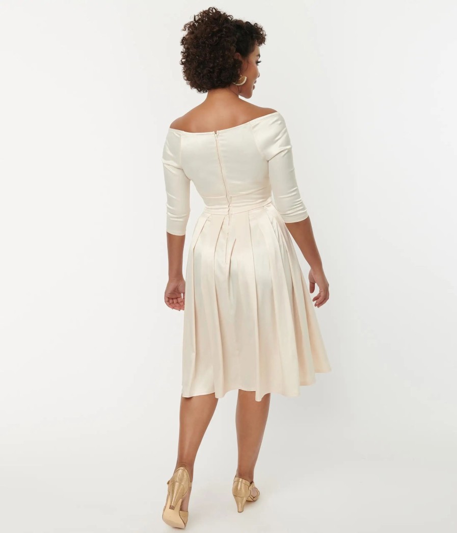 * Unique Vintage Creamy Ivory Satin Marceline Swing Dress Swing