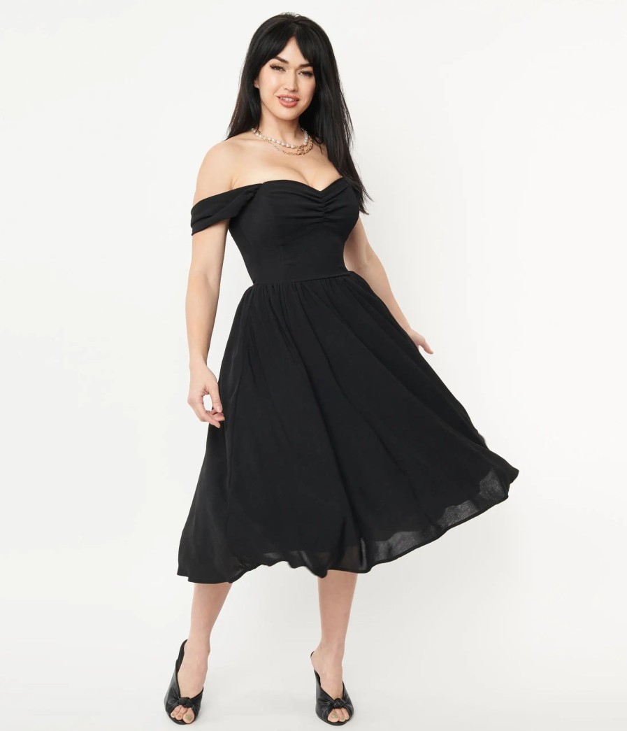 * Unique Vintage Black Off Shoulder Swing Dress Swing