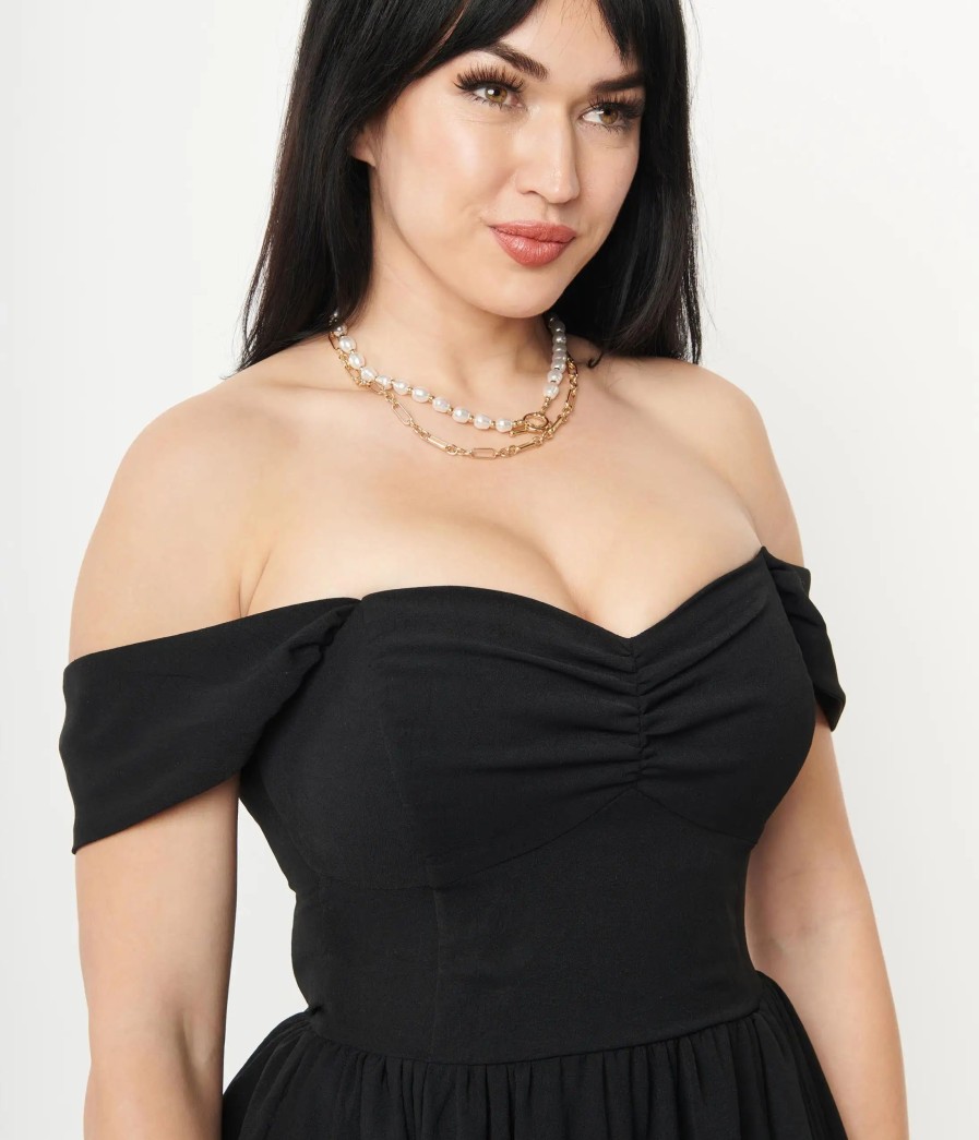 * Unique Vintage Black Off Shoulder Swing Dress Swing