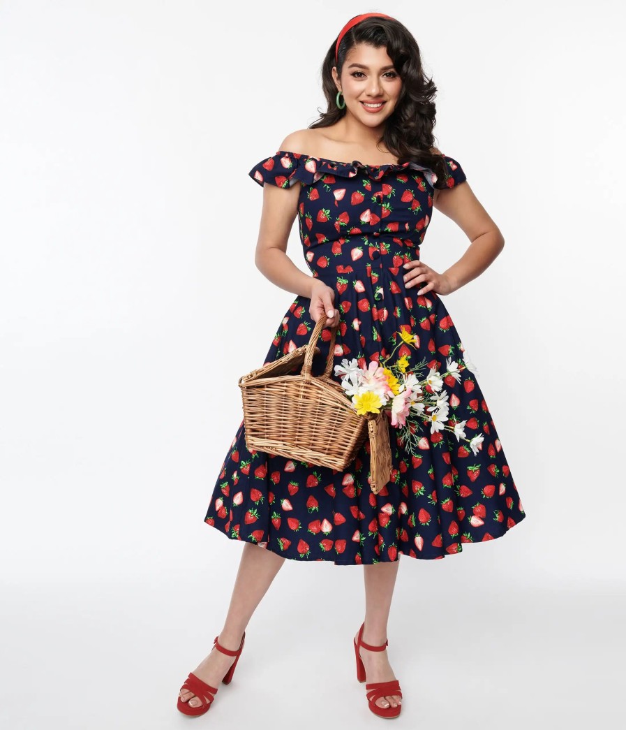 * Magnolia Place Navy Strawberry Barbara Swing Dress Swing