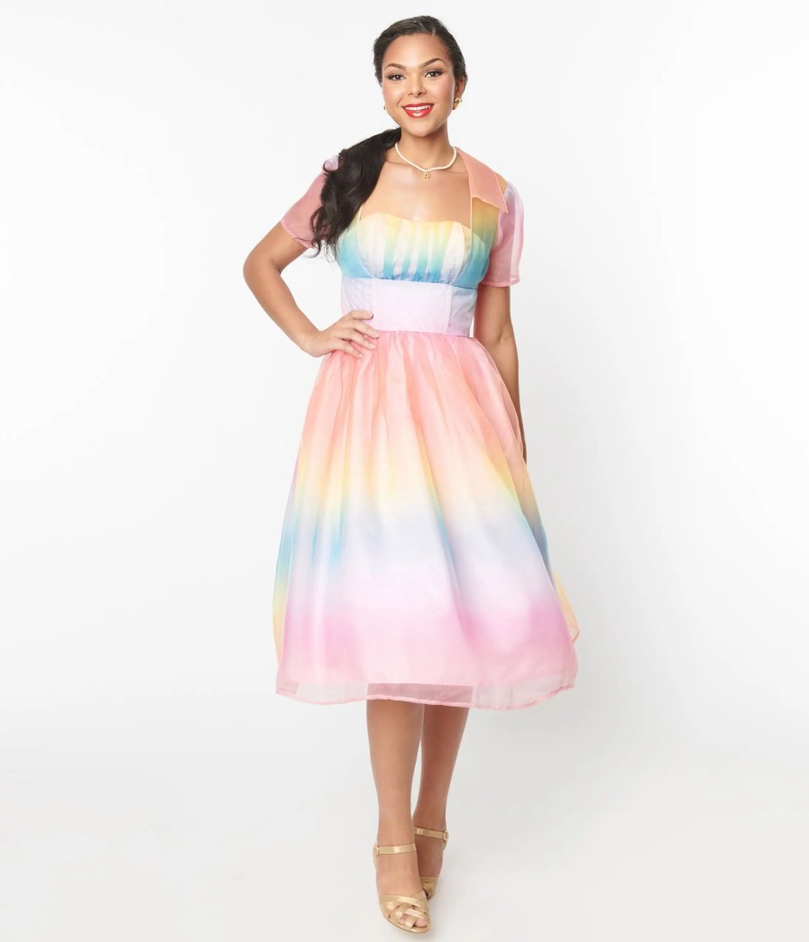 * Unique Vintage Pastel Rainbow Ombre Libby Swing Dress Swing