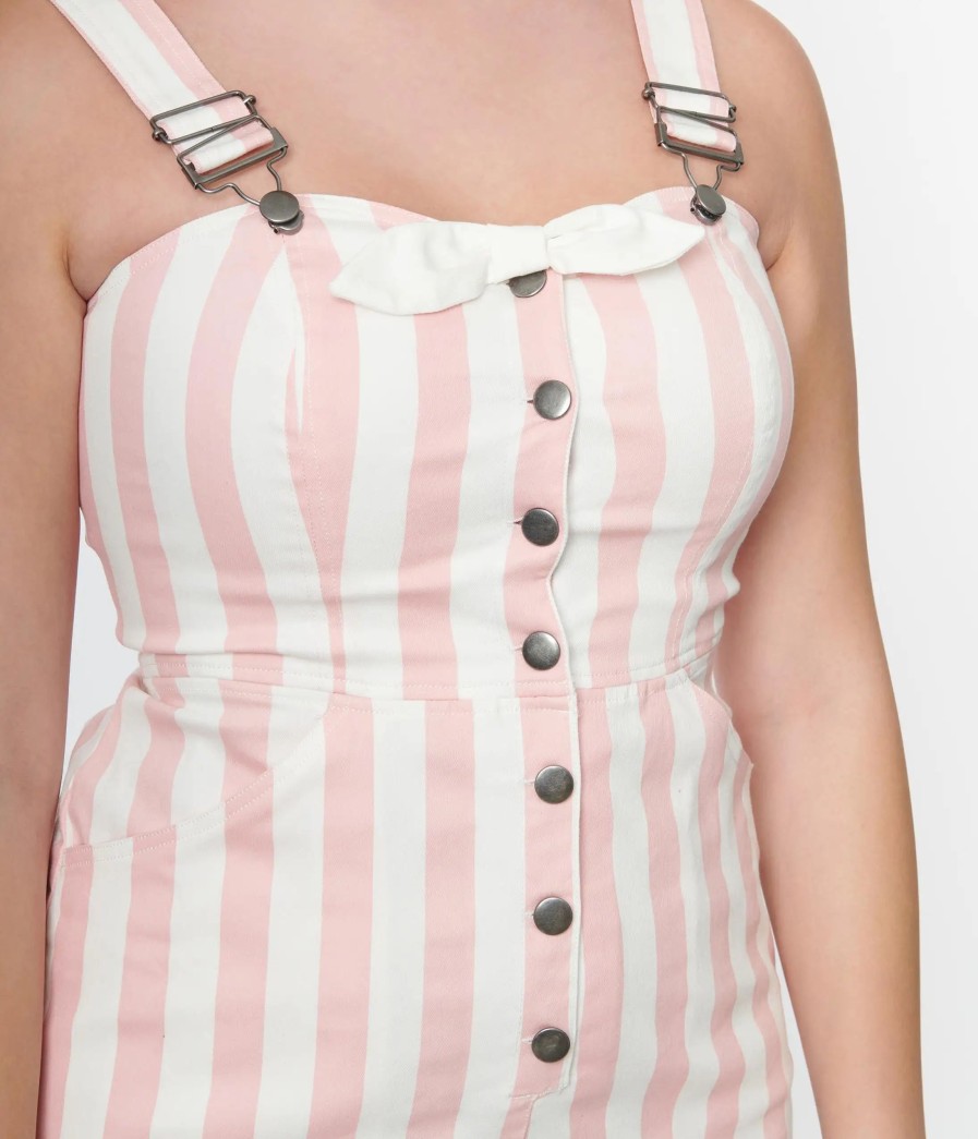 * Unique Vintage Pink & White Stripe Fitted Pinafore Everyday