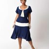 * Unique Vintage Plus Size 1920S Navy Blue & Ivory Wilshire Flapper Day Dress Swing