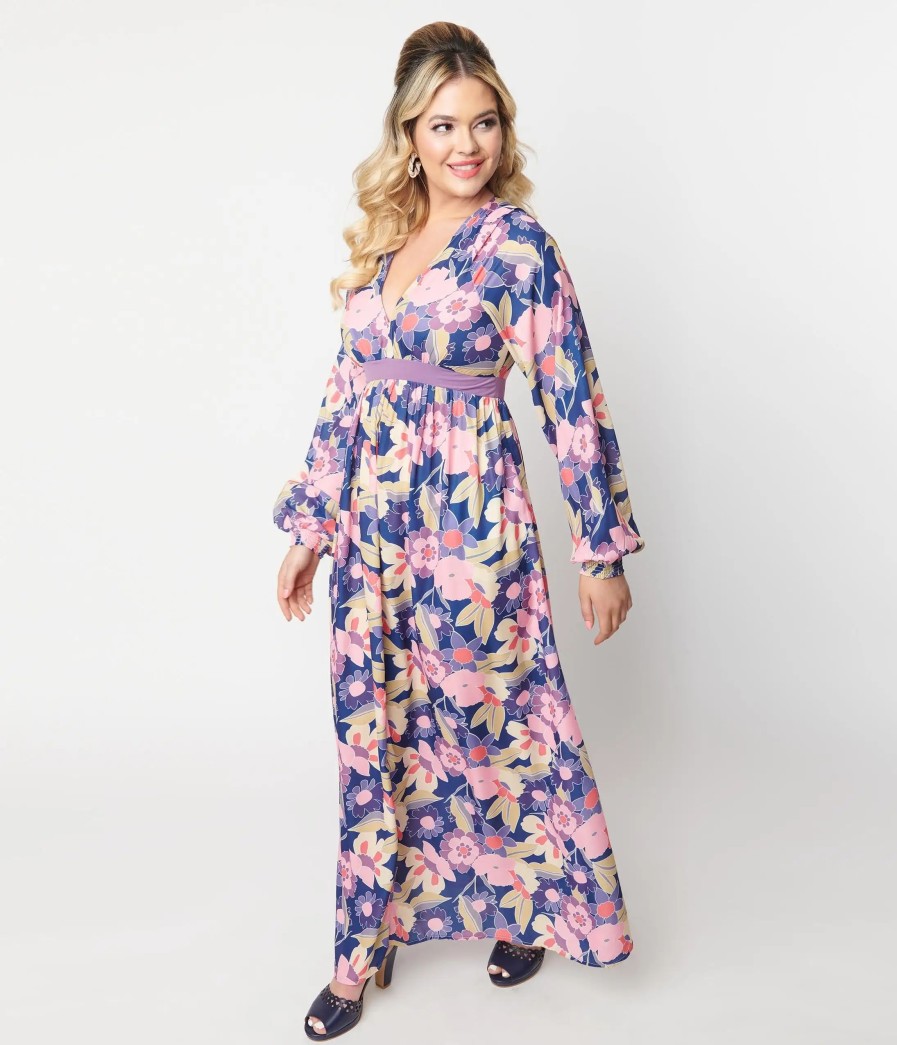 * Unique Vintage Navy & Purple Floral Print Buttercup Maxi Dress Midi & Maxi