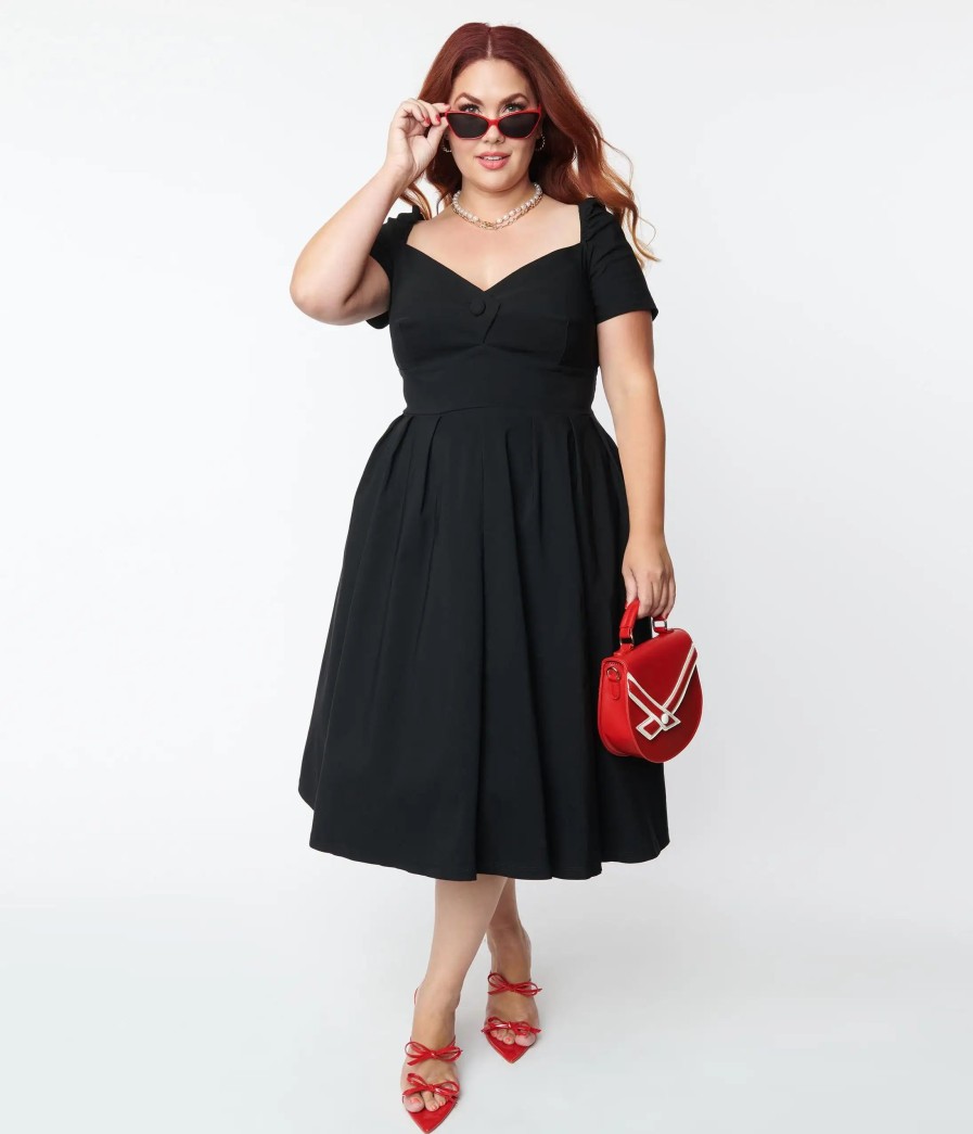 * Unique Vintage Plus Size Black Sweetheart Midge Swing Dress Swing