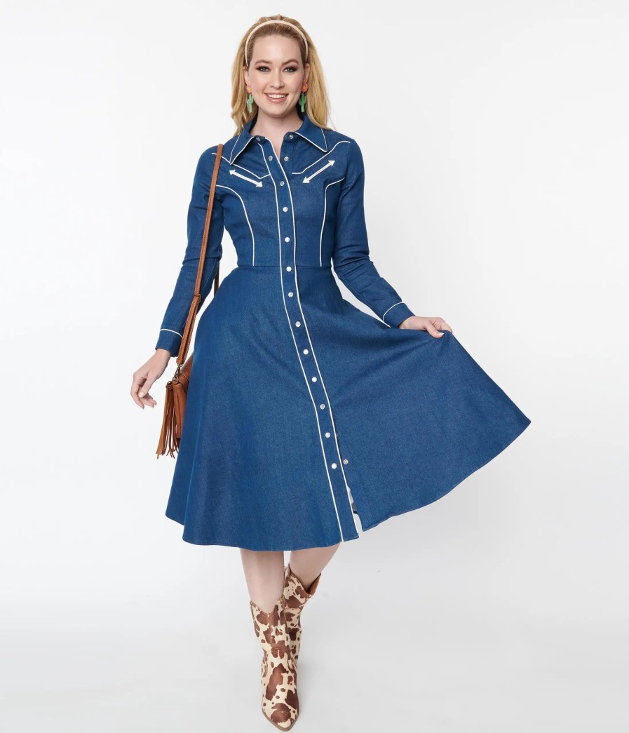 * Unique Vintage Denim Western Shirt Swing Dress Swing